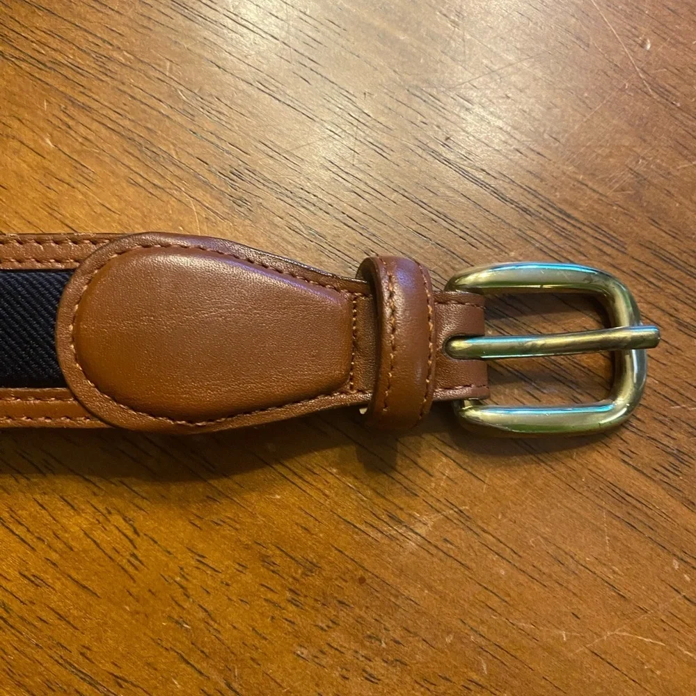 Lands' End Brown Leather-Trim Belt with Navy, Green & Red Stripes